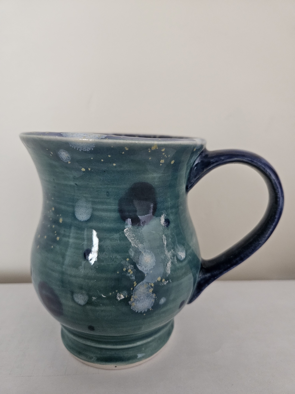Handmade Green-Blue Ceramic Mug with Dark Blue Handle